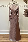 Drape Boncuk Detay Kuyruklu Mimoza Abiye - Kahve - MN-4747