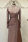 Drape Boncuk Detay Kuyruklu Mimoza Abiye - Kahve - MN-4747