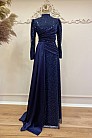Drape Boncuk Detay Kuyruklu Mimoza Abiye - Lacivert - MN-4750