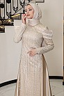 Kol Drape Detaylı Taş İşleme Saten Manolya Abiye - Gold - MN-4721