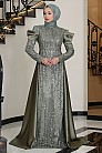 Kol Drape Detaylı Taş İşleme Saten Manolya Abiye - Haki - MN-4722