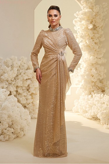 Beli Broş Detaylı Drapeli Şık Rua Abiye - Gold