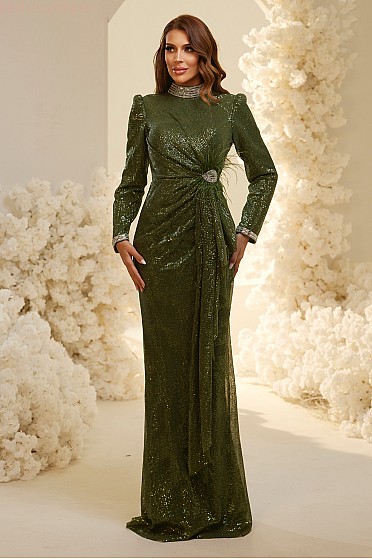 Beli Broş Detaylı Drapeli Şık Rua Abiye - Haki