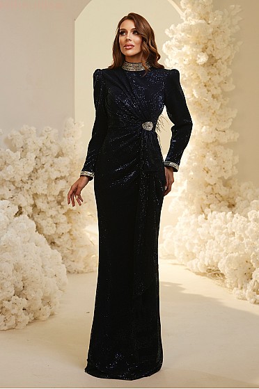 Beli Broş Detaylı Drapeli Şık Rua Abiye - Lacivert