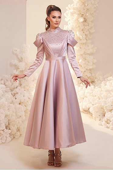 İncili Omuz Detaylı Modern Alissa Abiye - Pudra