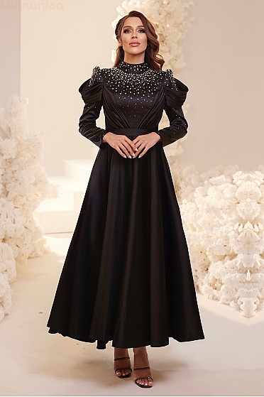 İncili Omuz Detaylı Modern Alissa Abiye - Siyah