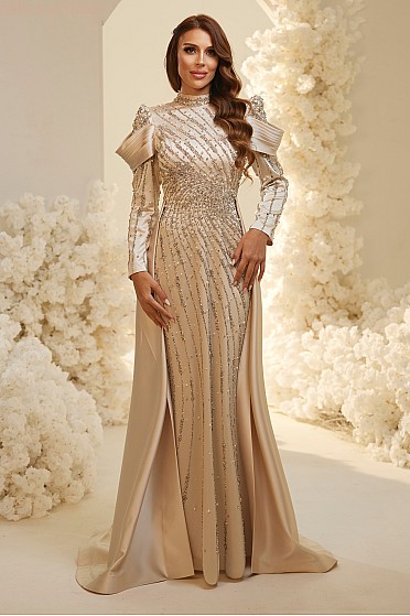 Katman Kol Detaylı İşlemeli Mira Abiye  - Gold