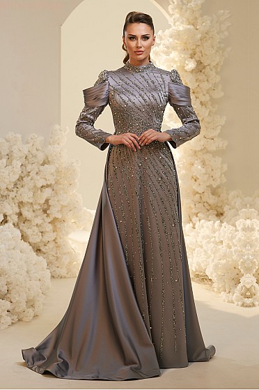 Katman Kol Detaylı İşlemeli Mira Abiye  - Gri