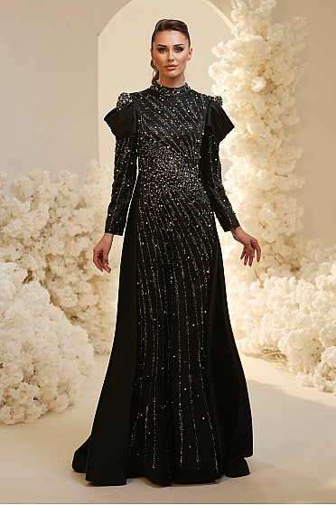 Katman Kol Detaylı İşlemeli Mira Abiye  - Siyah