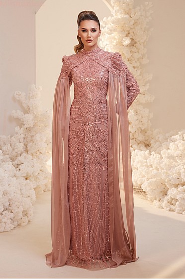 Pelerin Kollu İşlemeli Sabrina Abiye - Pudra