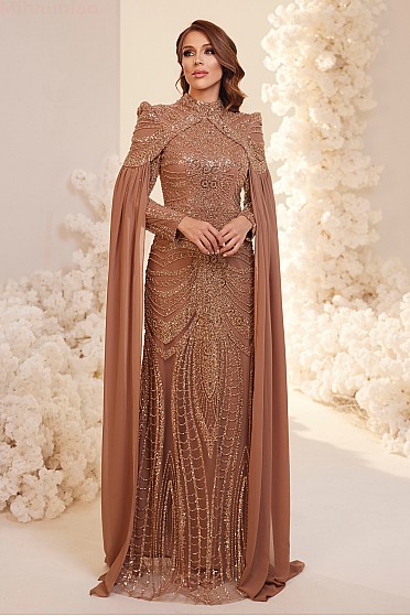 Pelerin Kollu İşlemeli Sabrina Abiye - Taba