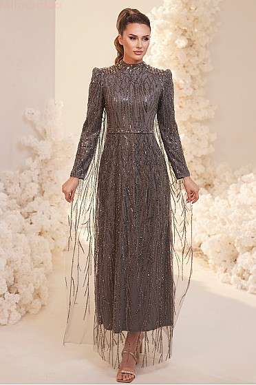 Saçak Dantel İşlemeli Modern Melya Abiye - Gri