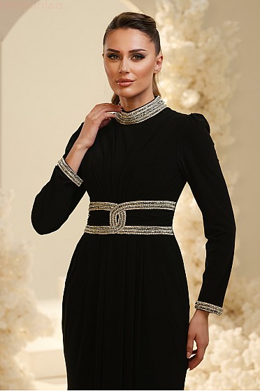 Taş İşlemeli Pile Detaylı Elvira Abiye  - Siyah