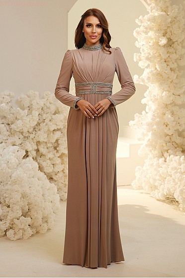 Taş İşlemeli Pile Detaylı Elvira Abiye  - Vizon