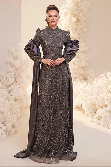 Volan Kollu İşlemeli Lupin Abiye - Gri