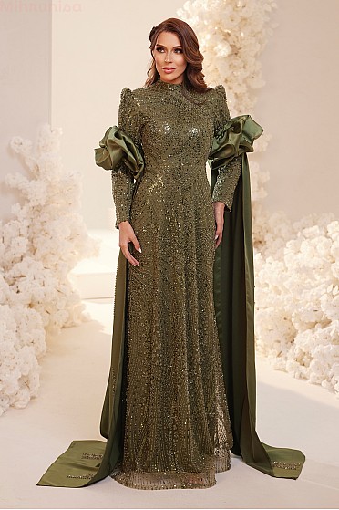 Volan Kollu İşlemeli Lupin Abiye - Haki