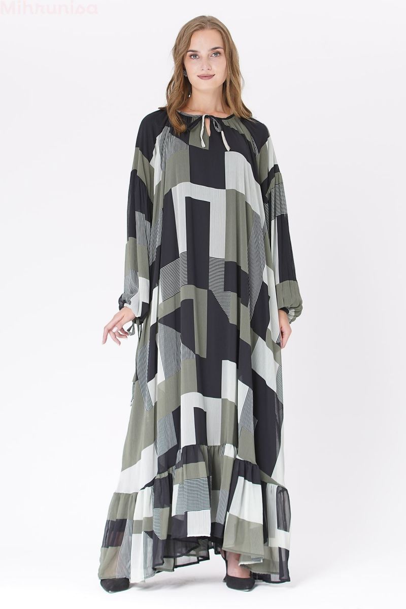 Kareli Şifon Fırfırlı Elbise - Haki