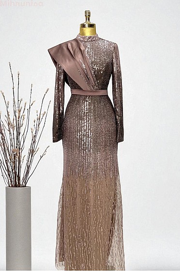 Asimetrik Drapeli Işıltı Abiye - Kahve