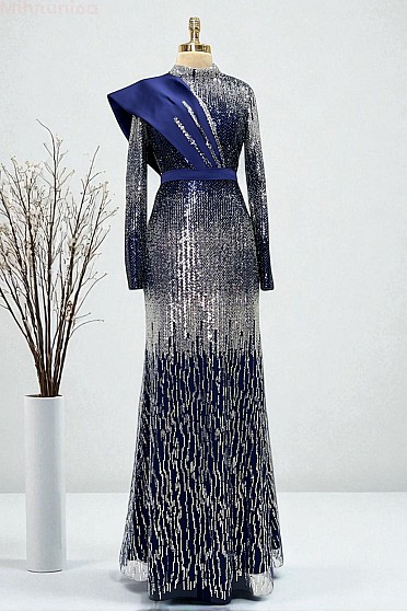 Asimetrik Drapeli Işıltı Abiye - Lacivert