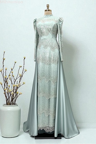 Boncuk Detay Pelerinli Amara Abiye - Mint