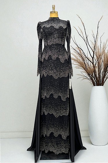 Boncuk Detay Pelerinli Amara Abiye - Siyah