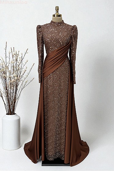 Drapeli Etek Panelli Rosia Abiye - Kahve