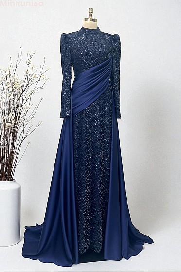 Drapeli Etek Panelli Rosia Abiye - Lacivert