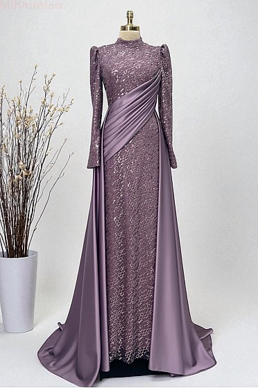 Drapeli Etek Panelli Rosia Abiye - Leylak