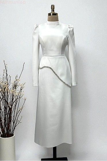 İnci Şerit Detaylı Midi Line Abiye - Ekru