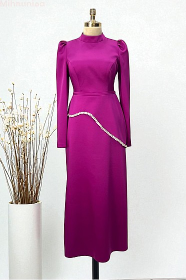 İnci Şerit Detaylı Midi Line Abiye - Fuşya