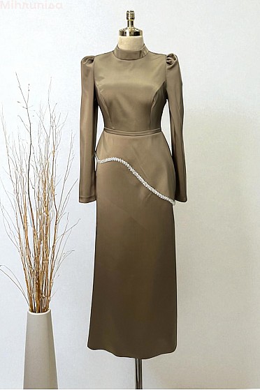 İnci Şerit Detaylı Midi Line Abiye - Kahve