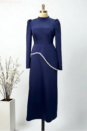 İnci Şerit Detaylı Midi Line Abiye - Lacivert