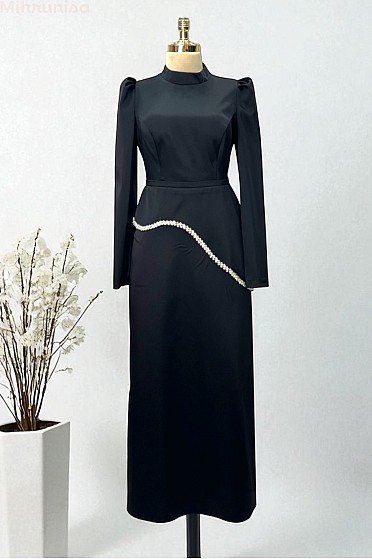 İnci Şerit Detaylı Midi Line Abiye - Siyah