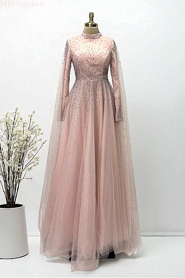 Işıltı İşlemeli Tül Petra Abiye - Pudra