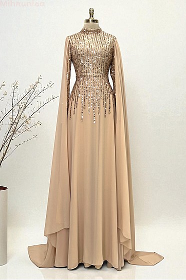 Kolları Şifon Pelerin Detay Martha Abiye - Gold