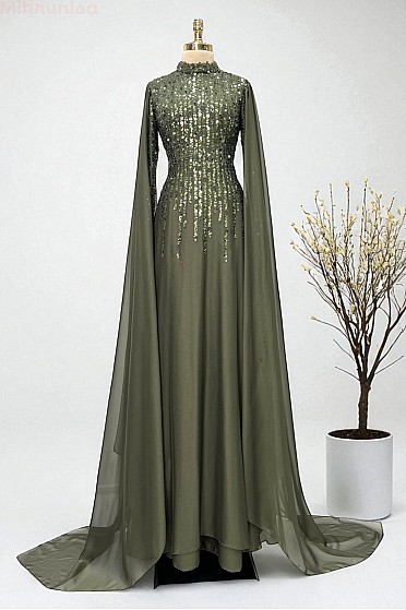 Kolları Şifon Pelerin Detay Martha Abiye - Haki