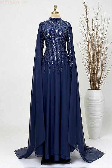 Kolları Şifon Pelerin Detay Martha Abiye - Lacivert