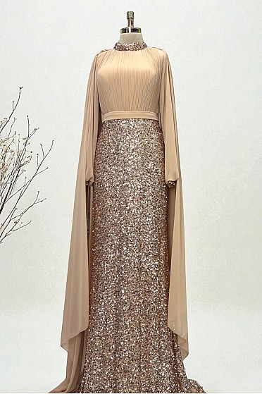 Omuz Pelerin Detay Zarif Kristal Abiye - Bakır