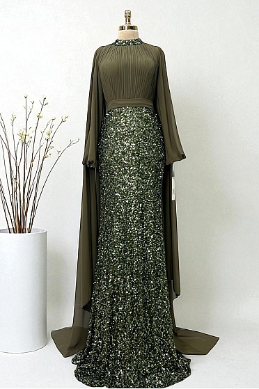 Omuz Pelerin Detay Zarif Kristal Abiye - Haki