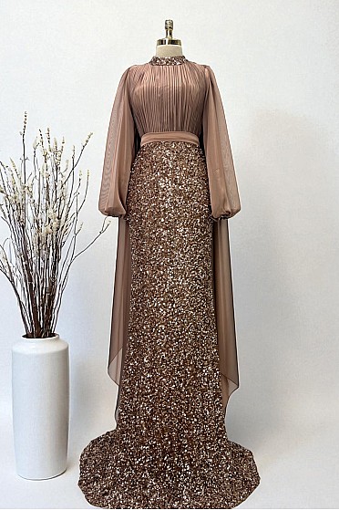 Omuz Pelerin Detay Zarif Kristal Abiye - Kahve