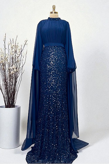 Omuz Pelerin Detay Zarif Kristal Abiye - Lacivert