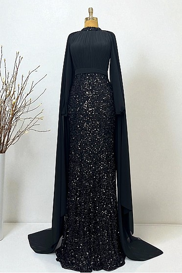 Omuz Pelerin Detay Zarif Kristal Abiye - Siyah