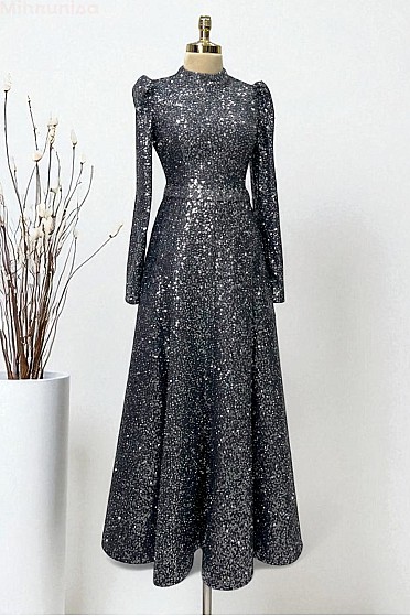 Payetli Midi Boy Alara Abiye - Antrasit