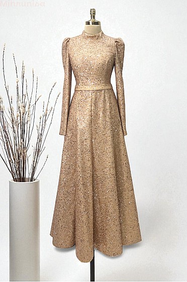 Payetli Midi Boy Alara Abiye - Gold