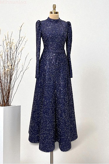 Payetli Midi Boy Alara Abiye - Lacivert