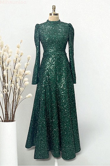 Payetli Midi Boy Alara Abiye - Zümrüt