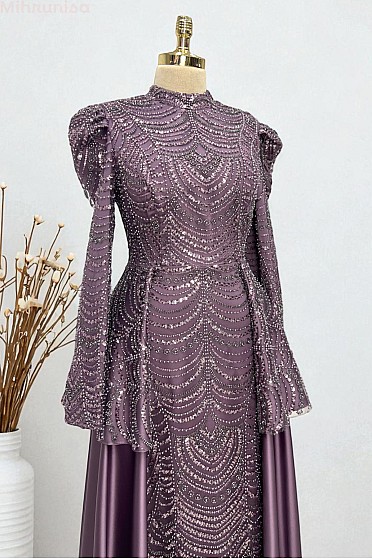 Pelerin Panelli Işıltılı Sofia Abiye - Leylak