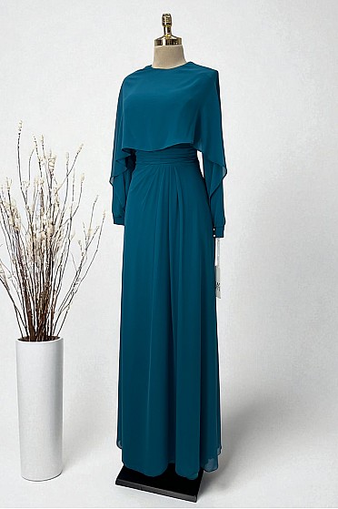 Pelerin Şifon Detay Anjeya Abiye - Petrol