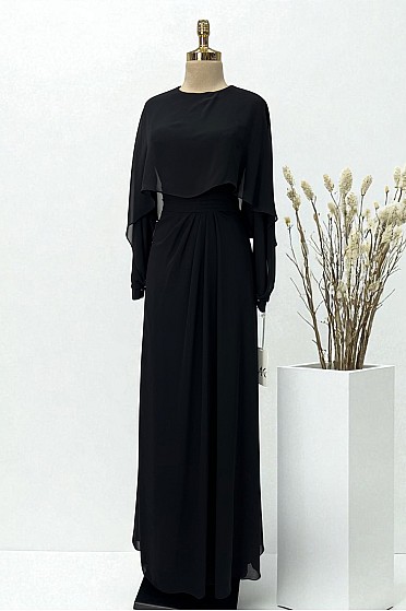 Pelerin Şifon Detay Anjeya Abiye - Siyah