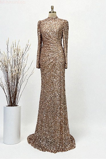 Tam Boy Payetli Zarif Kesim Colina Abiye - Gold